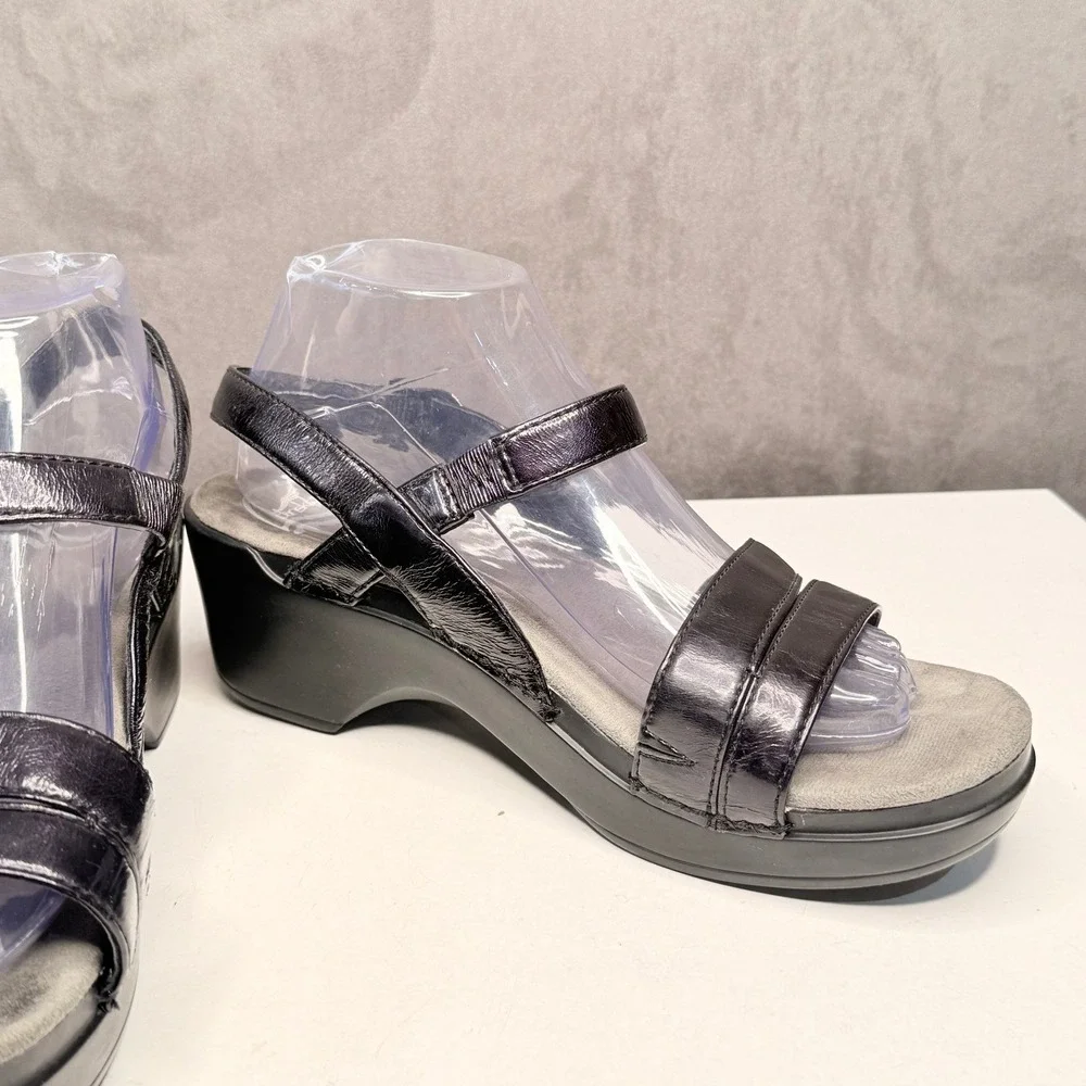 Dansko Black Leather Wedge Sandals